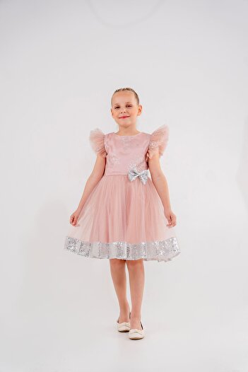 Eray Kids Girls' Evening Dress with Ruffled Sleeves Glitter Sequin Bow Detail