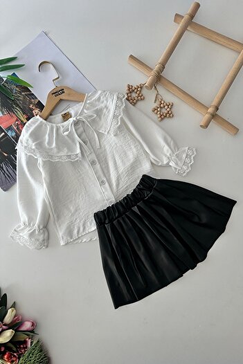 Minigimin Cicileri Girl's Black Pleated Skirt Set - Lace Detail, Leather Flowers Collar