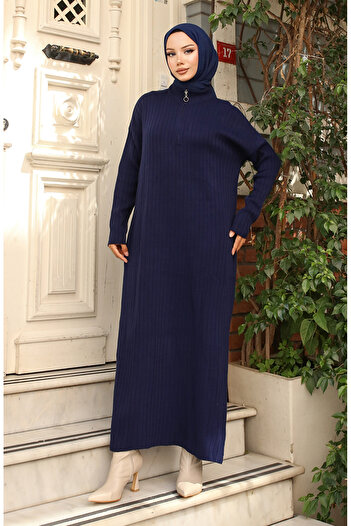 sefamerve Ribbed Knitwear Dress with Zipper Collar 11032-01 Navy Blue