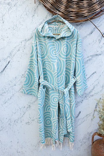 Kikoya Waves Turquoise Raised Terry Peshtemal Fabric Bathrobe