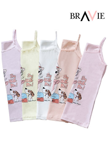 Bravie Girl's Illustrated Colorful Girls' Tank Top with Rope Strap, Pack of 5