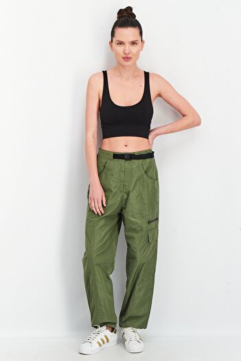 adidas Women High Waist Belted Solid Pants, Dark Green
