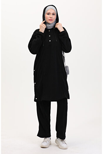 sefamerve Black Hooded Tunic and Pants Set - 0567-01