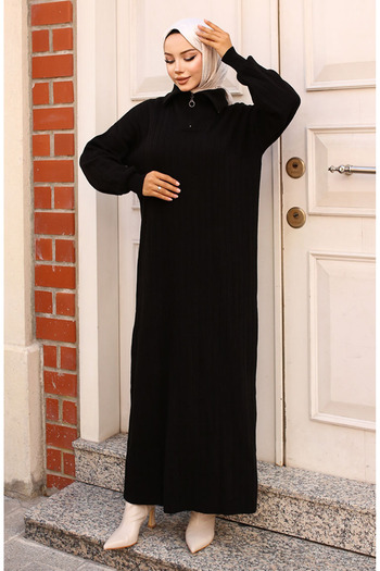 sefamerve Ribbed Knitwear Dress with Zipper Collar 11032-03 Black