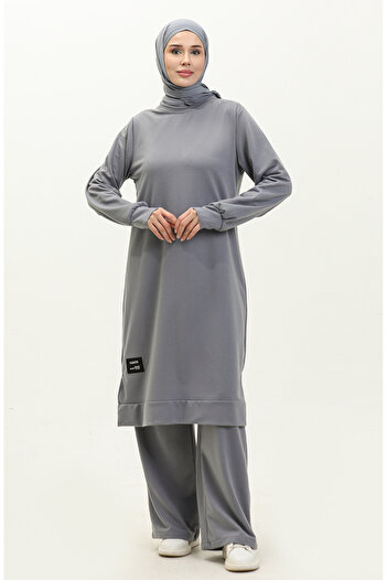 sefamerve Gray Two String Tunic and Trousers Set - 0044-15