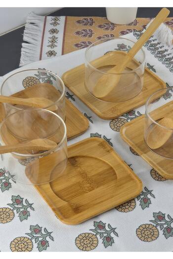 HomeTarz Borosilicate Glass Souffle Set - 4-Piece Bowl Set with Bamboo Plate - 12 Pieces - 250 ml