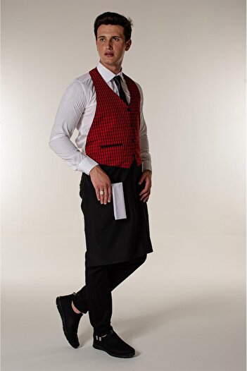 Mert Giyim Red Plaid Waiter Cafe Restaurant Sling Apron with Vest