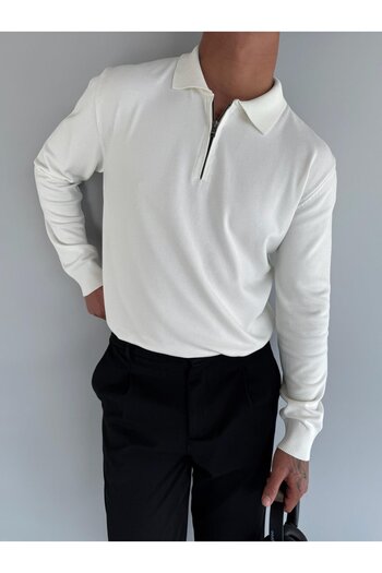 ablukaonline Men's Polo Neck Knitwear Sweater - Half Zipper, Ecru