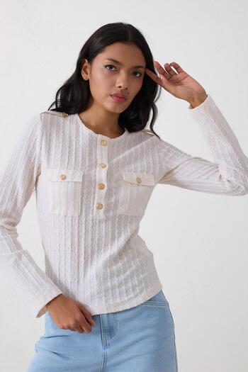 Setre Long Sleeve Ecru Blouse - Button and Pocket Detail