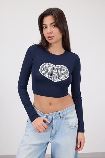 Addax Crew Neck Printed Crop Blouse B1649-F3