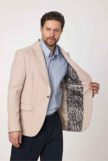 Frappoli Classo Erkek Krem Slim Fit Sivri Yaka Kendinden Desenli Blazer Ceket