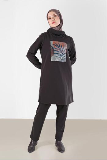 Alvina Patterned Degaje Collar and Sequined Double Pants Set - 42369