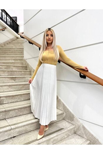 BLUSS Fusta maxi din țesătură plisată albă pentru femei - Noua definiție de eleganță