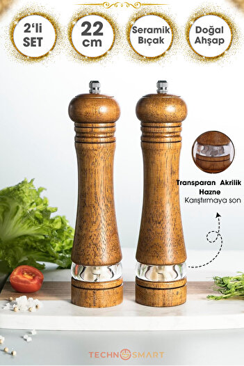 TechnoSmart Premium 22cm Natural Wood and Acrylic Clear Spice Grinder - Black Pepper Salt 2 Pcs