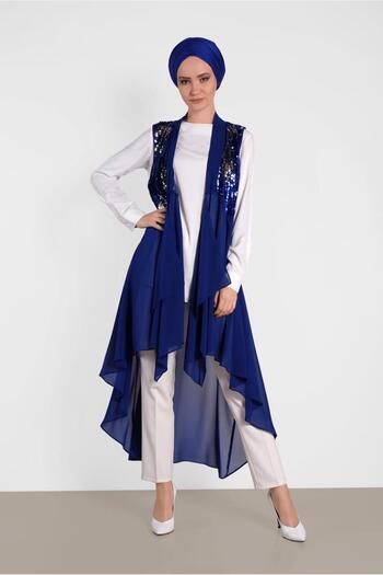 TRENDTESETTÜR Navy Blue Saks-Silver Sequined Women's Vest - t 4283