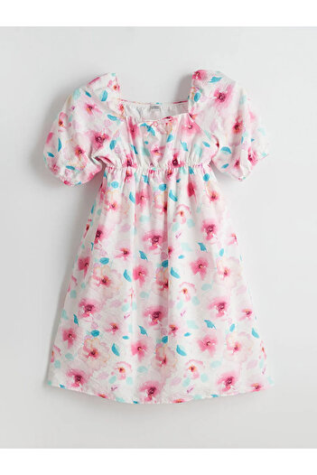 LC Waikiki LCW Kids Pembe Kare Yaka Çiçekli Kız Çocuk Elbise