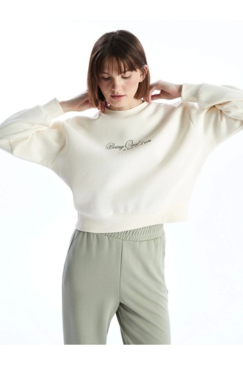 LC Waikiki Lcw Vision Beige Crew Neck Printed Oversize Women's Thick Sweatshirt