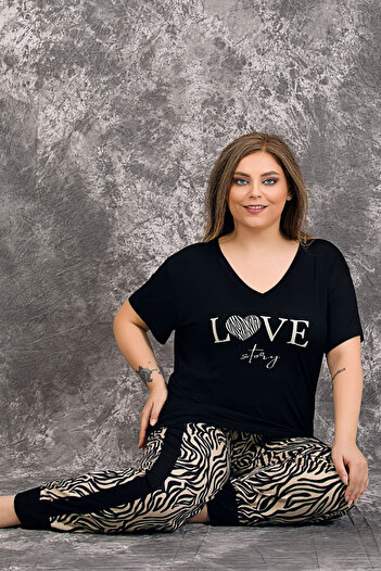 quilling Black Color Zebra Patterned 10993 Women's Short Sleeve Plus Size Mother Pajama Set