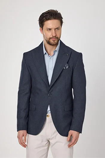 Frappoli Classo Men's Light Navy Slim Fit Peaked Lapel Self Pattern Blazer Jacket