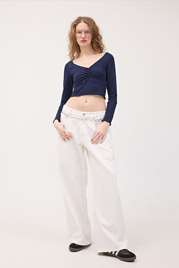 Addax V Neck Front Gathered Long Sleeve Blouse B1625-U8