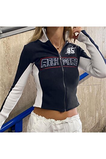 Köstebek Navy Blue Retro Rock More Zippered Crop Cardigan