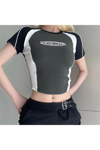 Köstebek See You Later Striped Gray Short Sleeve Crop