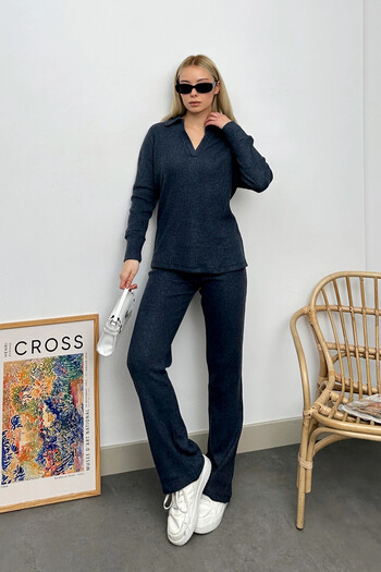 VAGGON Anthracite Polo Neck Women's Top and Palazzon Pants Set - Vgn-796-001