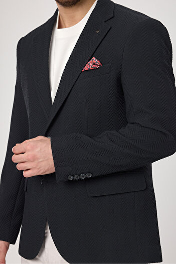 Frappoli Lores Men's Dark Navy Blue Herringbone Patterned Stretchy Lycra Fabric Summer Jacket
