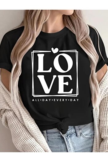 caddekombin Love All Day Baskılı Pamuk Penye Yuvarlak Yaka Siyah T-shirt