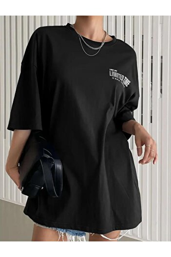 caddekombin Lımıdet Tıme Ön Arka Baskılı Pamuk Penye Yuvarlak Yaka Siyah T-shirt
