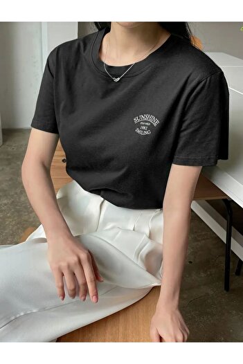 caddekombin Sunshıne Baskılı Kadın Pamuk Penye Rahat Kalıp Siyah  T-shirt