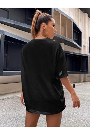 caddekombin East Baskılı Kadın Rahat Kalıp Pamuk Penye Kısa Kollu Yuvarak Yaka Siyah T-shirt