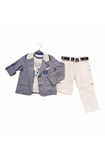 KTS Boys' Linen Jacket, Printed Badi, Gabardine Trousers 3-Piece Set