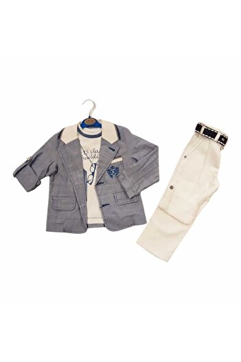 KTS Boys' Linen Jacket, Printed Badi, Gabardine Trousers 3-Piece Set