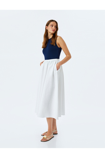 Koton Elastic Waist Cotton A-Line Long Bell Skirt