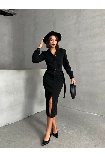 Miss Prova Belted Front Slit Midi Denim Dress Missel00936