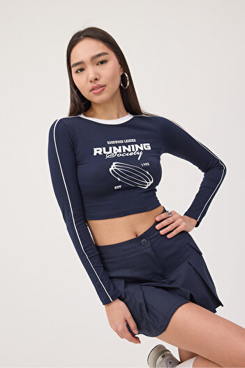 Addax Crew Neck Running Printed Crop Blouse B1686-L6