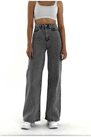 beeke Milan'O Jean Gray Lycra Super High Waist Loose Jeans Palazzo Pants Wide Leg Colorfast Jean