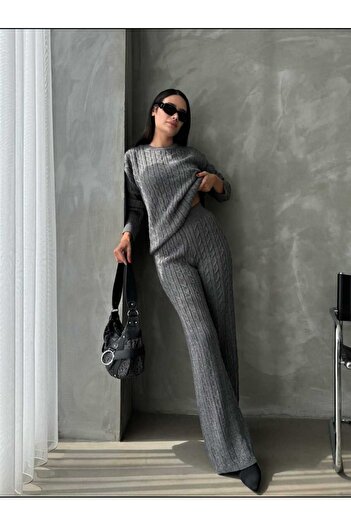 ANBLYs COLLECTION BİSİKLET YAKA SAÇ ÖRGÜ DESENLİ KAZAK PANTOLON İKİLİ TRİKO TAKIM