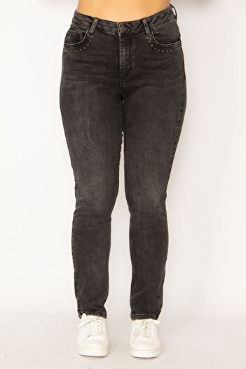Şans Women's Large Size Anthracite Front and Back Pockets Lycra 5 Pocket Jeans with Stone Detail 65n34147