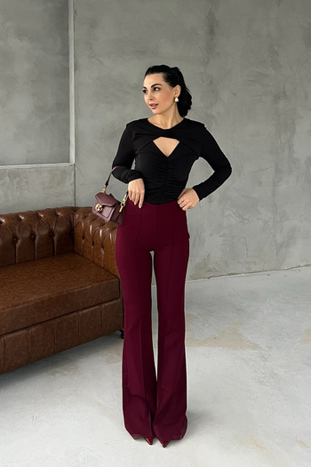 Seda Yalçın Atelier Burgundy Side Zip Spanish Leg Fabric Trousers