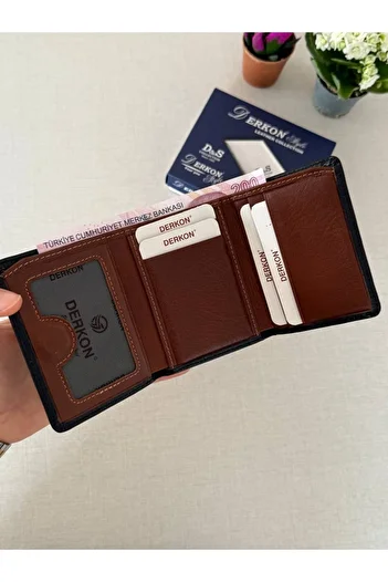 DERKON Genuine Leather Magnet Fold Men's Wallet Sakura Model Black Inside Tan