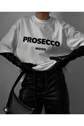 NO 601 Dámské bílé tričko prosecco s potiskem oversize volného střihu z česané bavlny