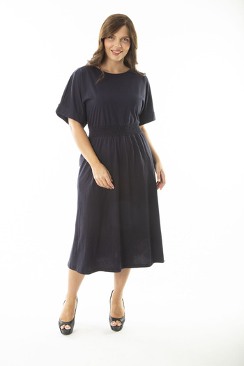 Şans Women's Large Size Navy Blue Waist Waist Elastic Detailed Bat Sleeve Dress 65N36900