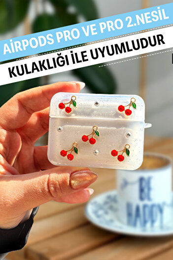 WANNA PROTECT Airpods Pro ve Airpods Pro 2. Nesil Uyumlu Kiraz Desenli Silikon Airpods Kılıf Kulaklık Kılıfı