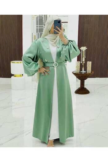 Zümrüt Stone Detailed Satin Abaya and Belt 1728