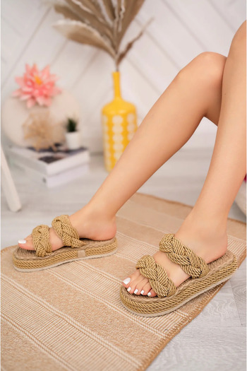 moun shoes Kadın Gold Halat Ipli 2 Bantlı Yüksek Tabanlı Hasır Terlik 5cm