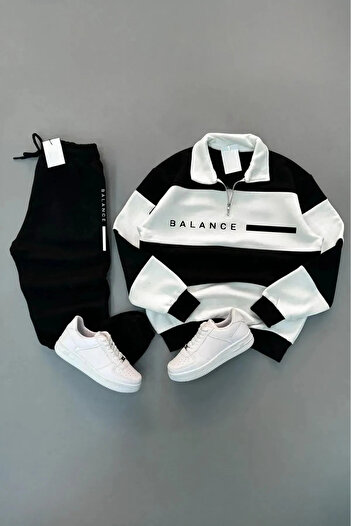 CAST COLLECTİON Men's Black Five Piece Stand Collar Balance Printed Black Tracksuit Set