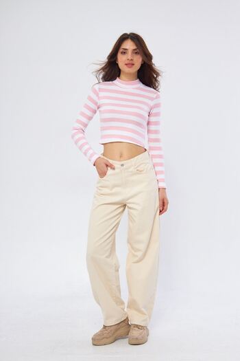 Oyga Powder Colored Striped Half Turtleneck Long Sleeve Women's Crop Blouse