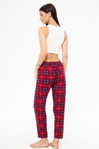 Oyga Burgundy Plaid Patterned Cotton-Suede Velvet Fabric Women's Pajama Bottoms